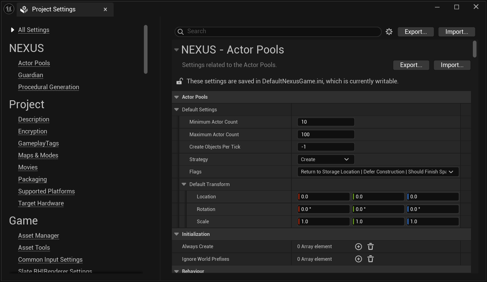 Project Settigns Window
